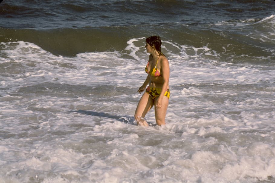 surf, wading, woman, ocean, beach, sea, water, shore, waves, standing