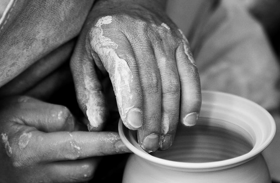 grayscale photo, person, hands molding pot, grayscale, clay pot, potter, hands, sound, tonkunst, hand labor