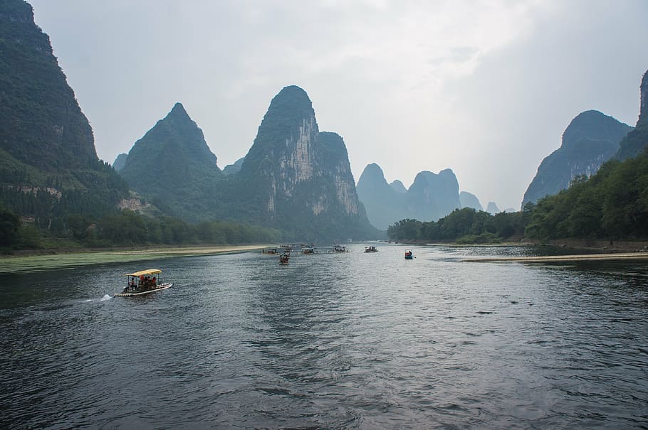 brown, boat, body, water, china, giulin, yangshuo, li River, guilin, guangxi Zhuang Autonomous Region - China