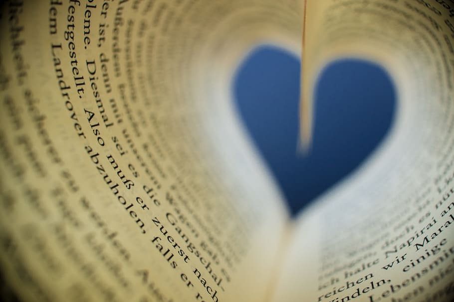 couple, book page, formed, heart shape, book, page, heart, read, love, pages