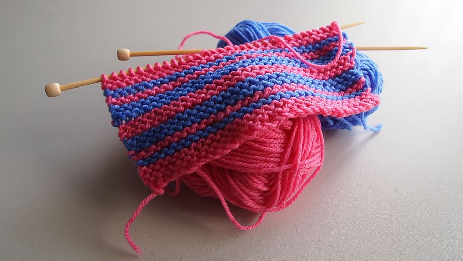 pink, blue, knitted, yarns, stitching needles, white, flooring, knitting, knitting needles, wool