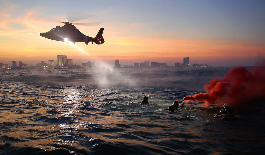 people, ocean, helicopter, coast guard, rescue training, exercise, sea, water, swimmers, chopper