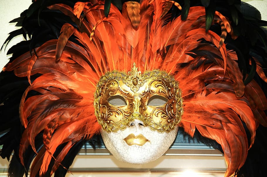 marrón, naranja, máscara de mascarada de plumas, oro, blanco, mascarada, máscara, carnaval, venecia, italia