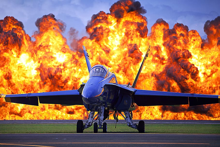 blue angels jet, military, wall of fire, air show, runway, exhibition, performance, tarmac, flames, hot