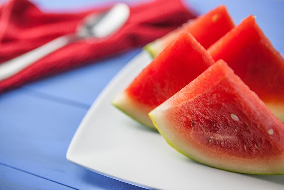 slices, water melon fruit, sit, blue, tabletop, captured, canon dslr, Fresh, water melon, fruit