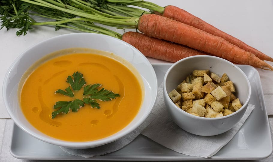 sopa, branco, cerâmica, tigela, sopa de cenoura, sopa fresca, comida, cenoura, fresco, saudável