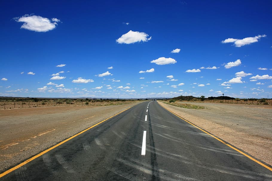 black, concrete, road, blue, sky, Road Ahead, Desert, Never Ending, never ending road, landscape