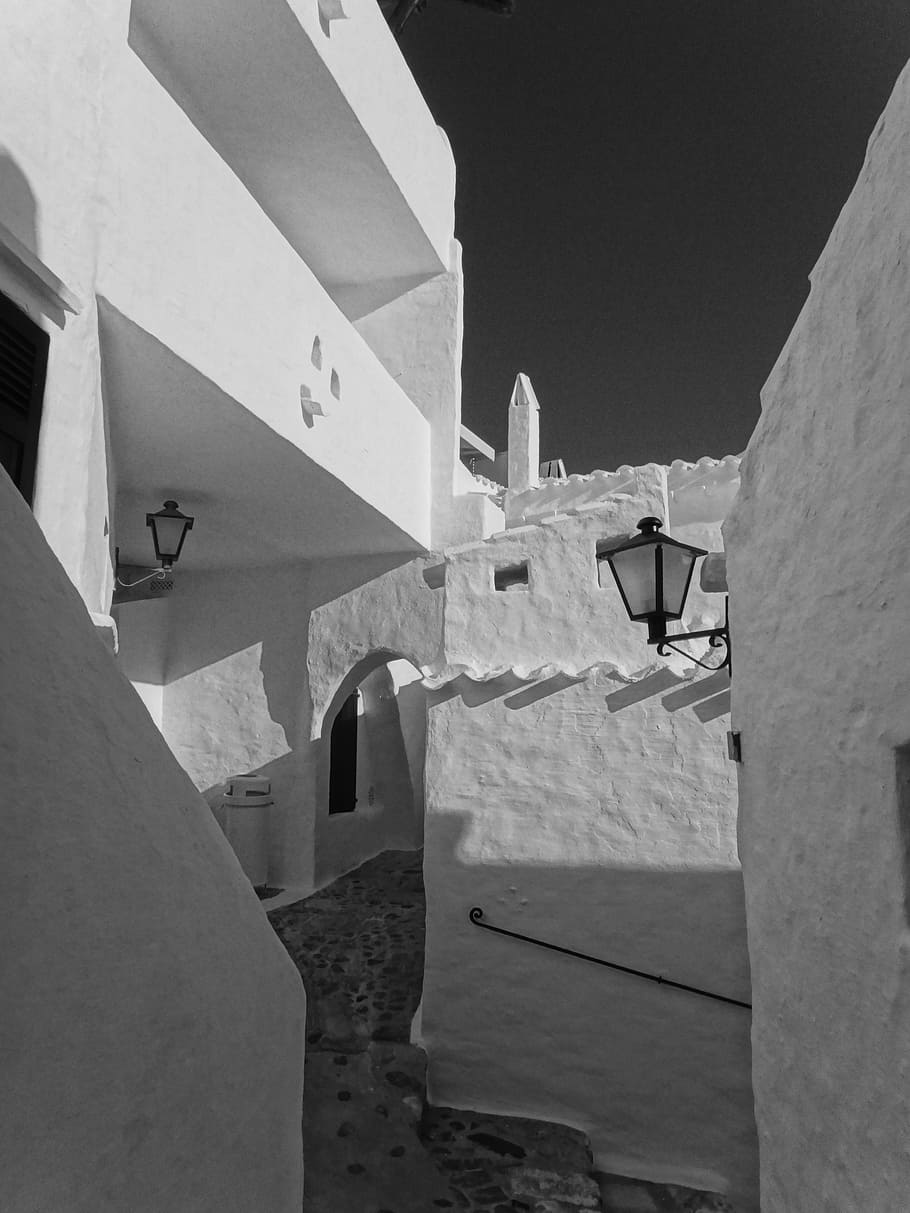 preto, branco, Preto e branco, foto em preto e branco, arquitetura, construção, viniveca, menorca, espanha, vila
