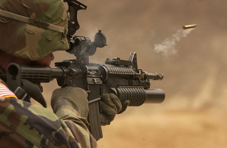 soldier, firing, m4, m 4 rifle, submachine gun, rifle, automatic weapon, weapon, shoot, cartridge case