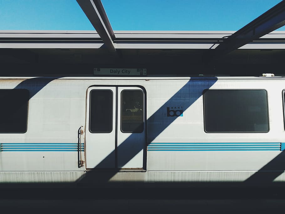 white, teal train, photography, train, station, transportation, trip, travel, train - vehicle, public transportation