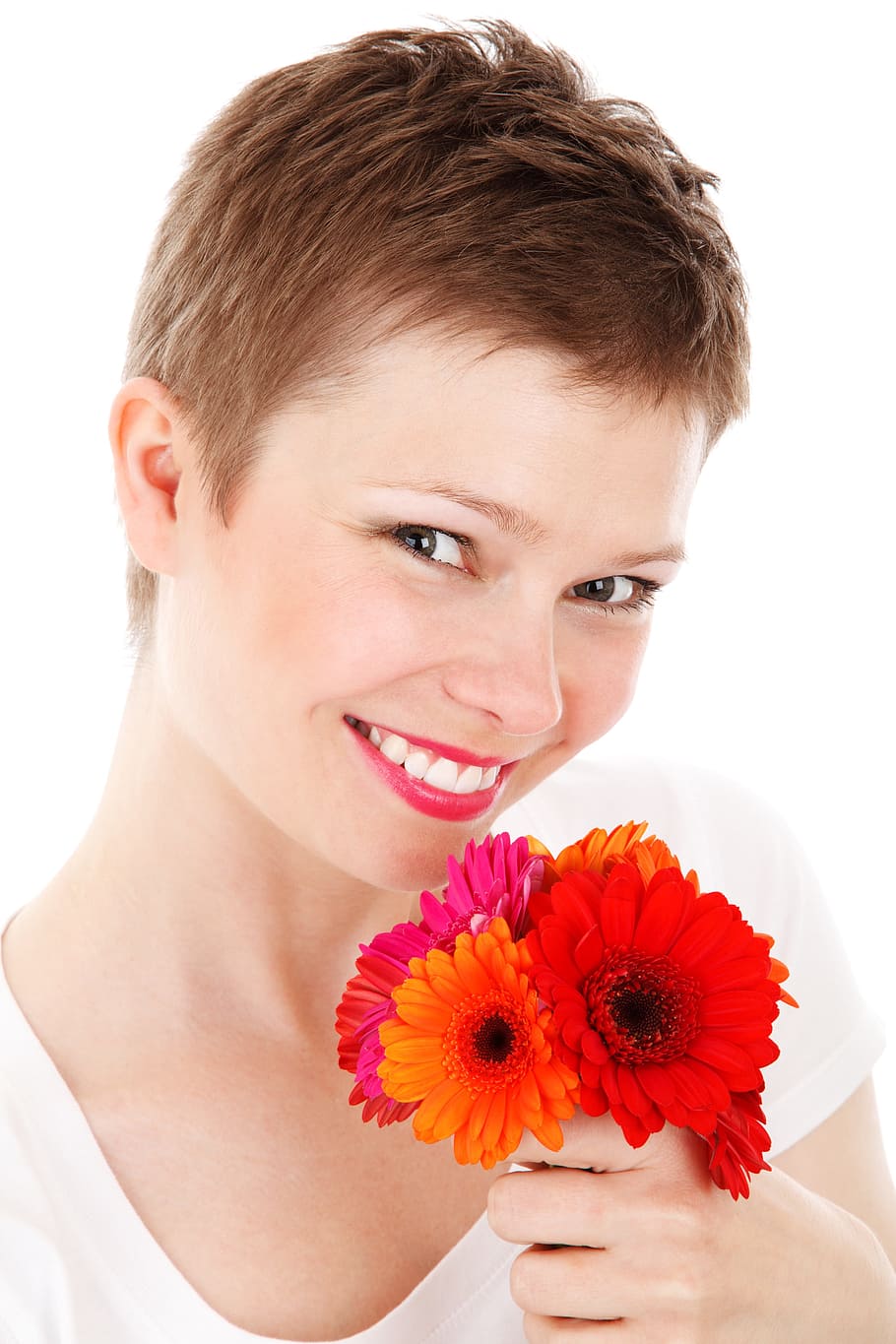 woman, holding, pink, orange, gerbera flowers, adult, beautiful, beauty, color, colorful