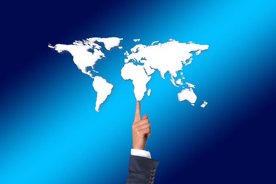 person, pointing, world map, balance, balancing act, finger, businessman, world, earth, globe