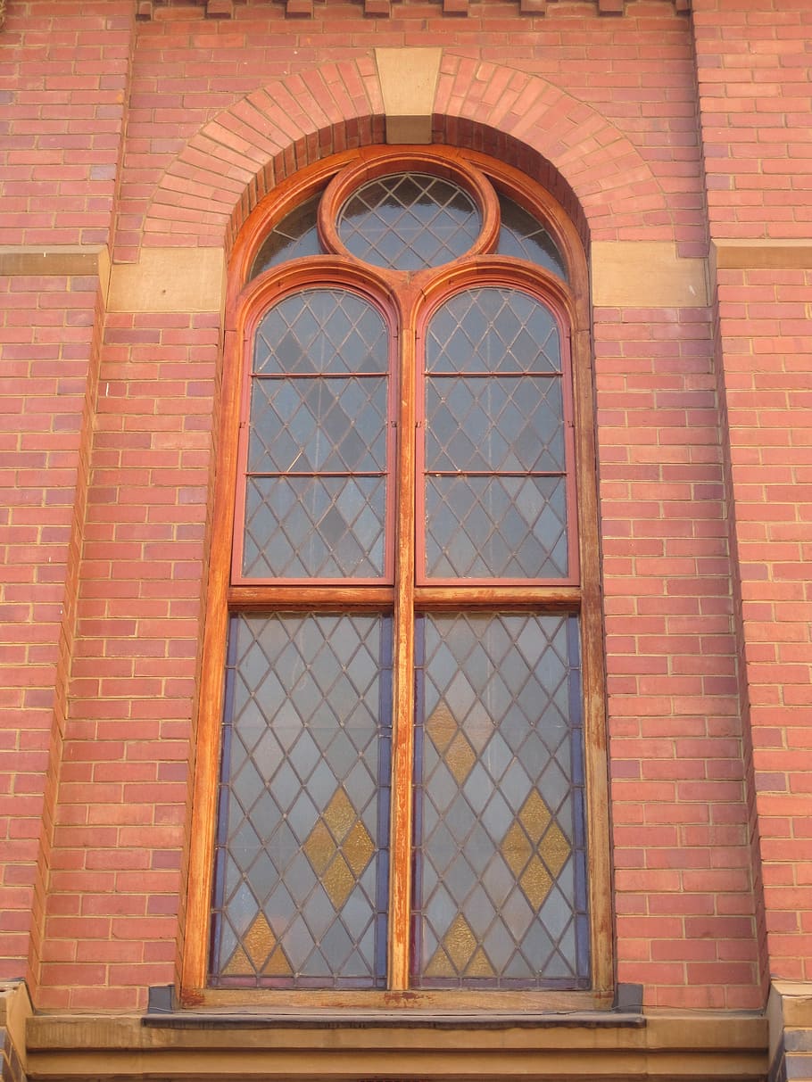 architecture, building, historic, decorative window, church, red brick, glass panes, stained glass, built structure, building exterior