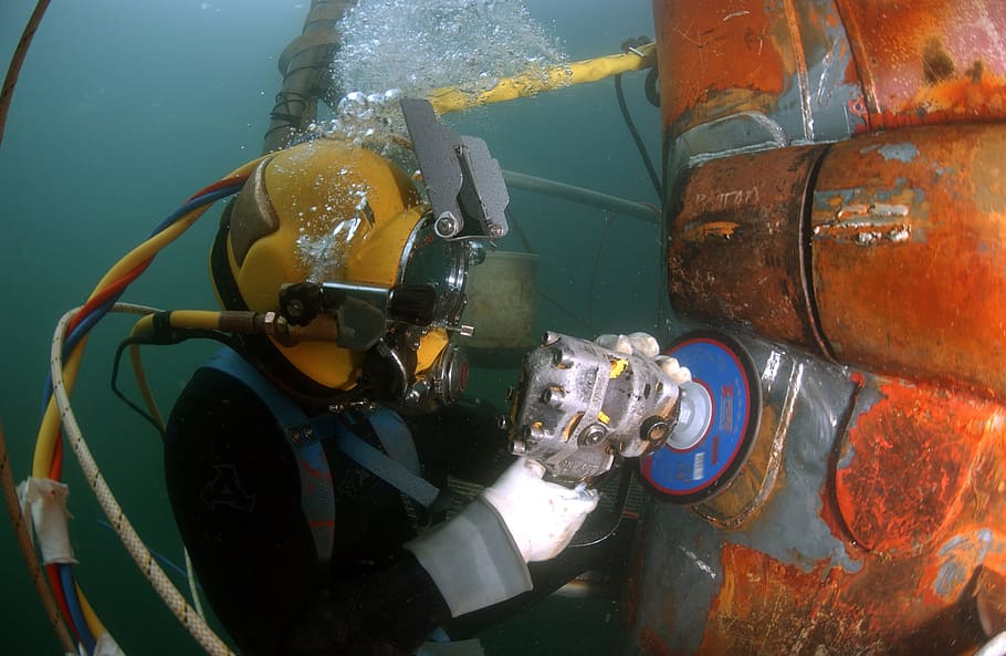person, water, holding, angle grinder, Military, Diver, Navy, Submerged, underwater, grinder