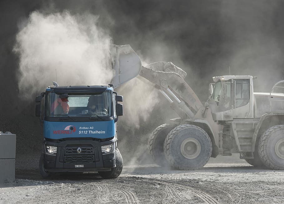 grey, front loader loading sand, blue, dump, truck, daytime, wheel loader, pneulader, loading, site