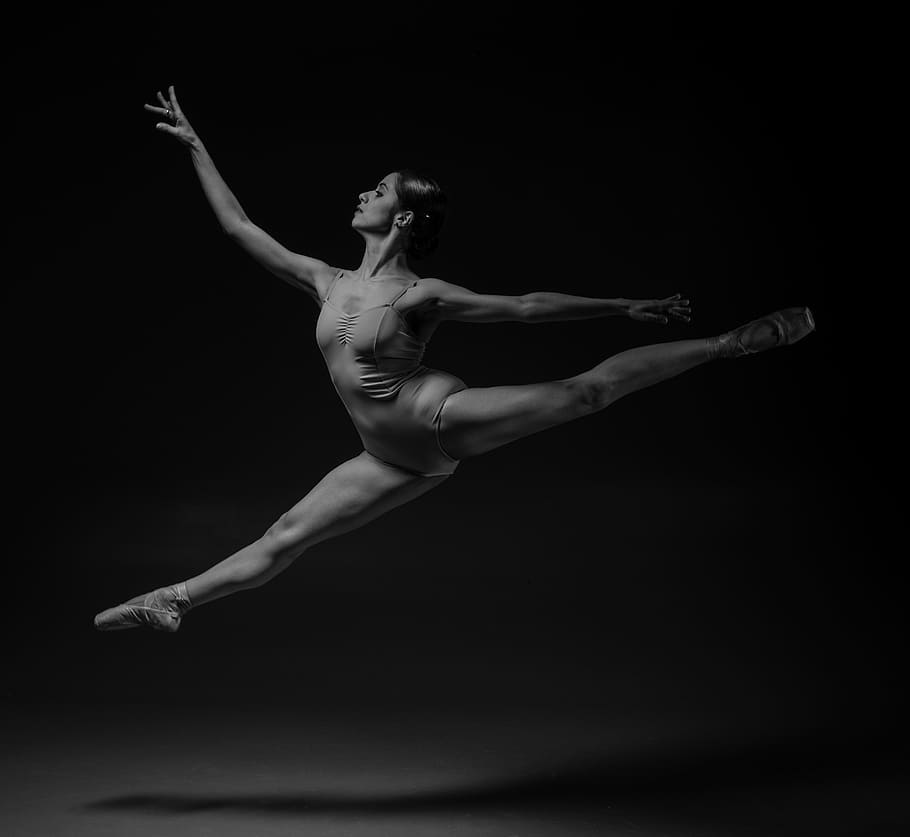 ballerina splitting, air, people, woman, black and white, dancer, ballet, ballerina, dress, beauty