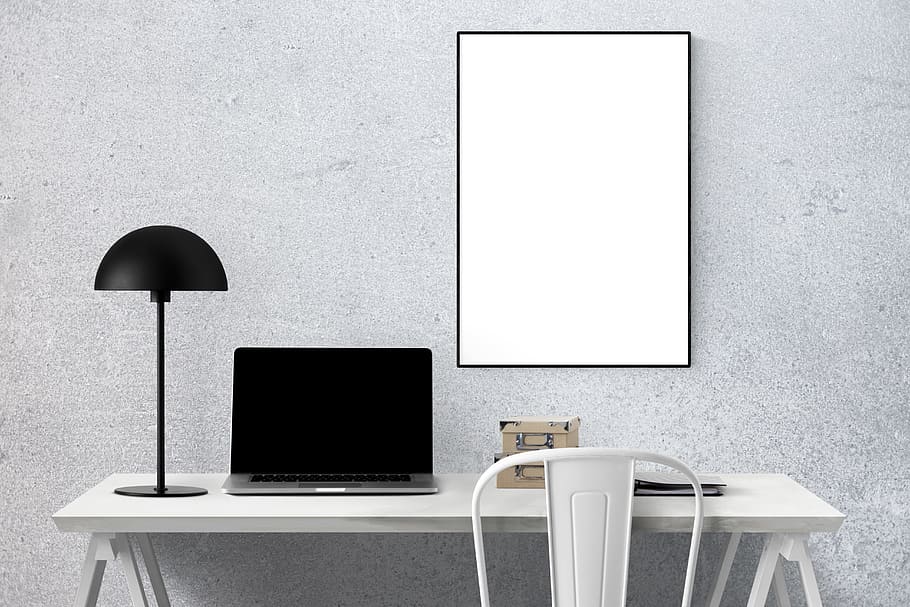 macbook, pro, white, wooden, table, mockup, wall, poster, mock, frame