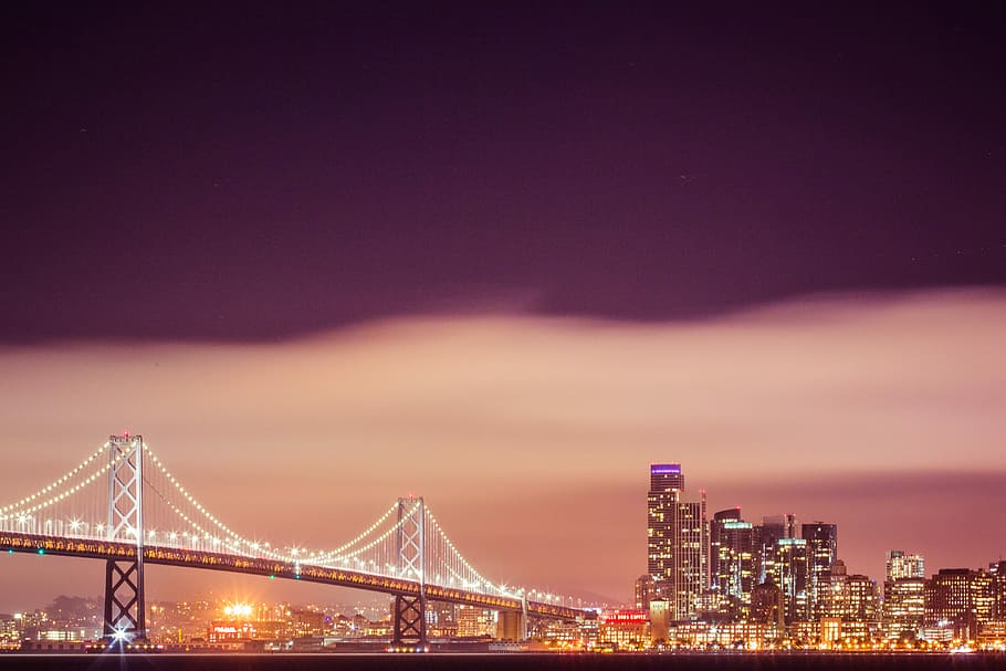 san francisco pencakar langit cityscape, malam, Bay Bridge, San Francisco, Pencakar langit, Cityscape, at Night, arsitektur, teluk, jembatan