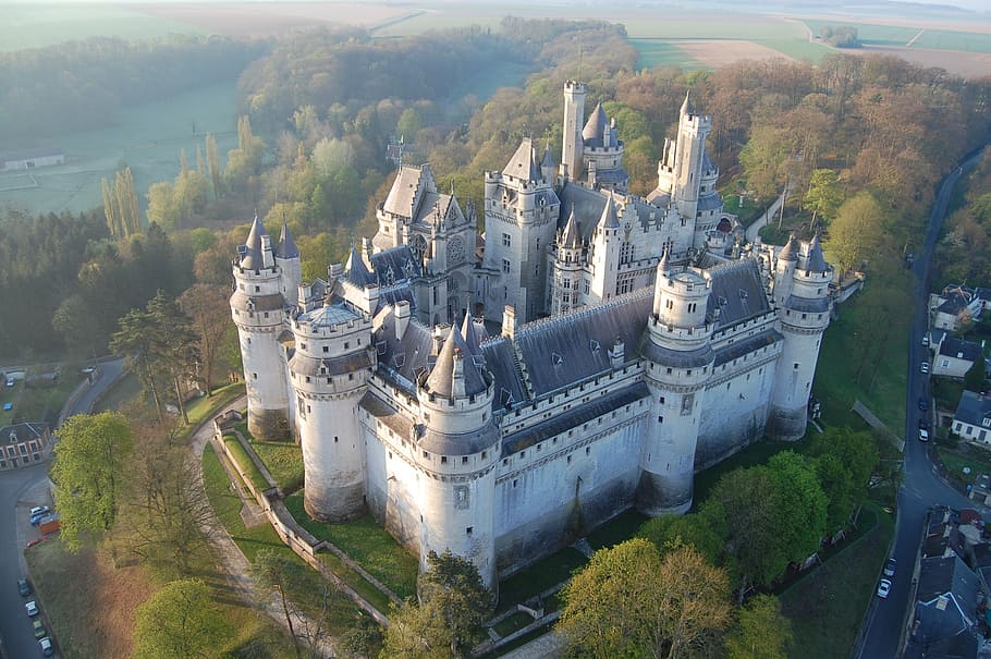 aerial, photography, gray, concrete, castle, pierrefonds, aerial view, france, high angle view, architecture
