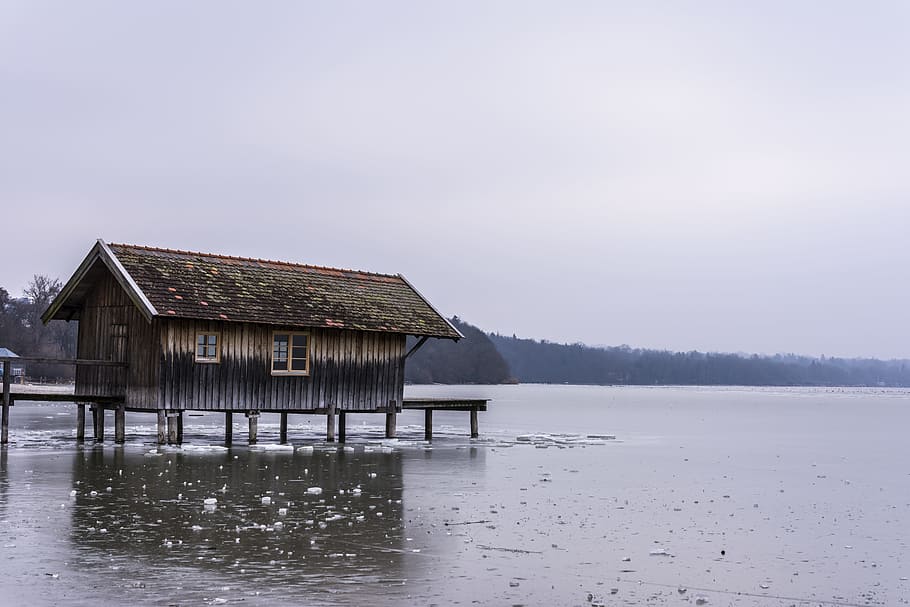 Ammersee, Boat House, Frozen, Water, frozen, water, lake, web, bavaria, landscape, mirroring