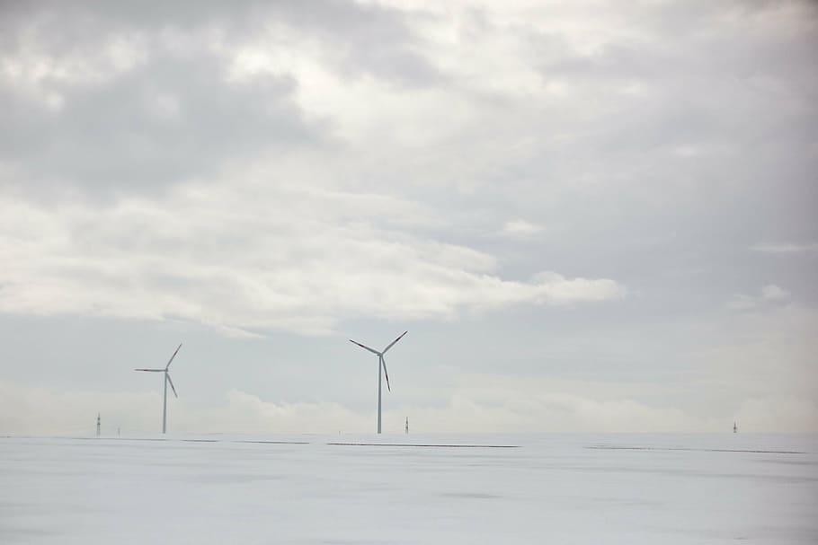 windmills, filed, day, windmill, snow, white, clouds, sky, alternative energy, wind turbine