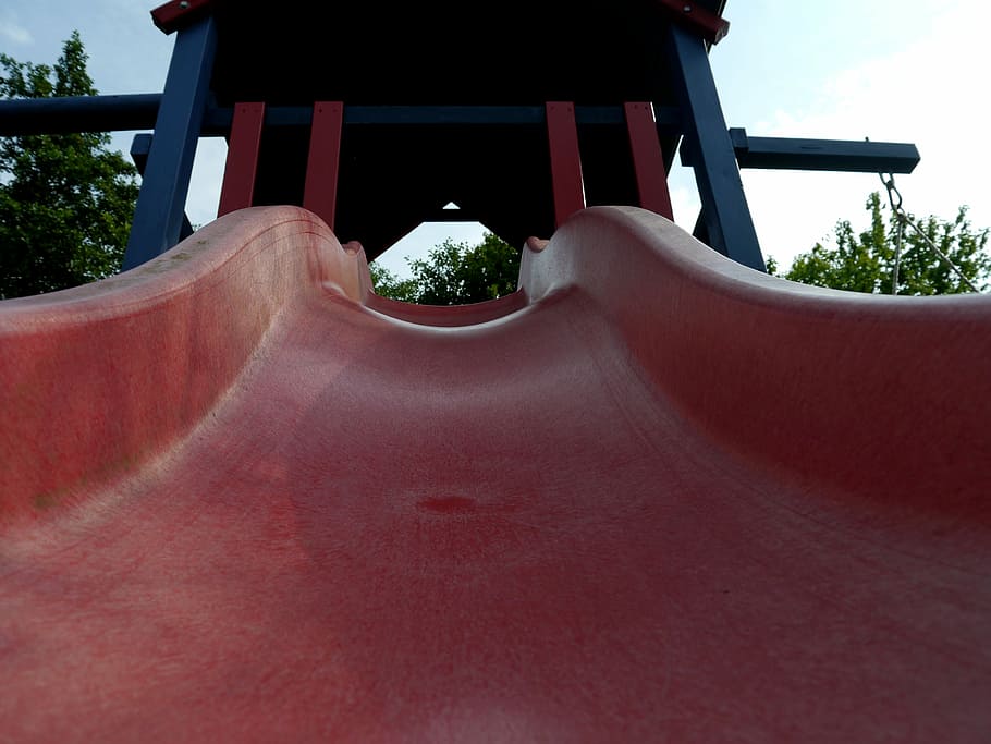 playground, slide, playset, red, play, slip, architecture, built structure, plant, day