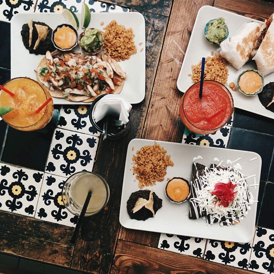 Platos, restaurante mexicano, colorido, margarita, mexicano, tacos, vista superior, comida, gourmet, cena