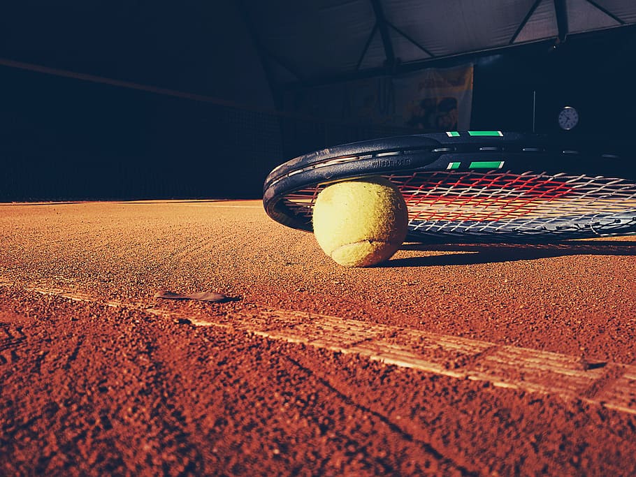black, tennis racket, ball, ground, tennis, racket, brown, soil, court, clay