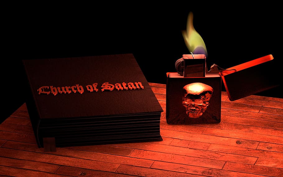 book, lighter, satanism, santan, devil, black, magic, skull and crossbones, candle, illuminated