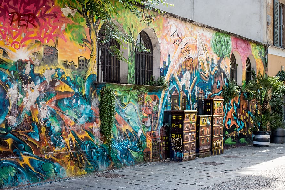 multicolored, graffiti, wall, pavement, daytime, milan, via santa croce, paint, art, color