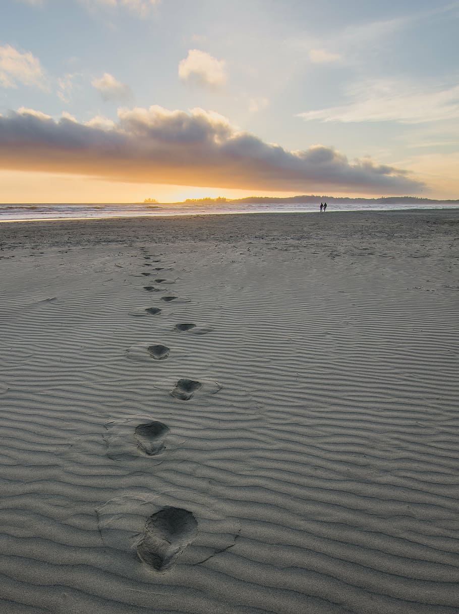 footprints, gray, sand, daytime, beach, no person, sunset, water, seashore, ocean
