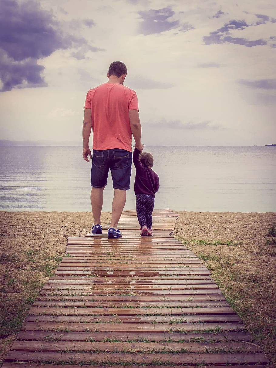 father, child, walking, wooden, dock, father's day, love, family, happiness, kid