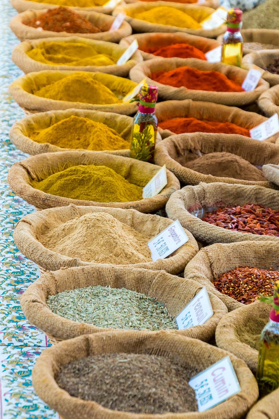 bag, assorted-flavor spices lot, spices, curry, market stall, colorful, paprika, market, pepper, color