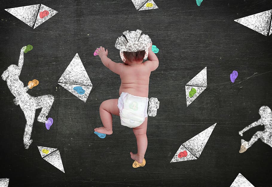 baby wall climbing, athletes, spoter, climbing, blackboard, child, childhood, creativity, high angle view, one person