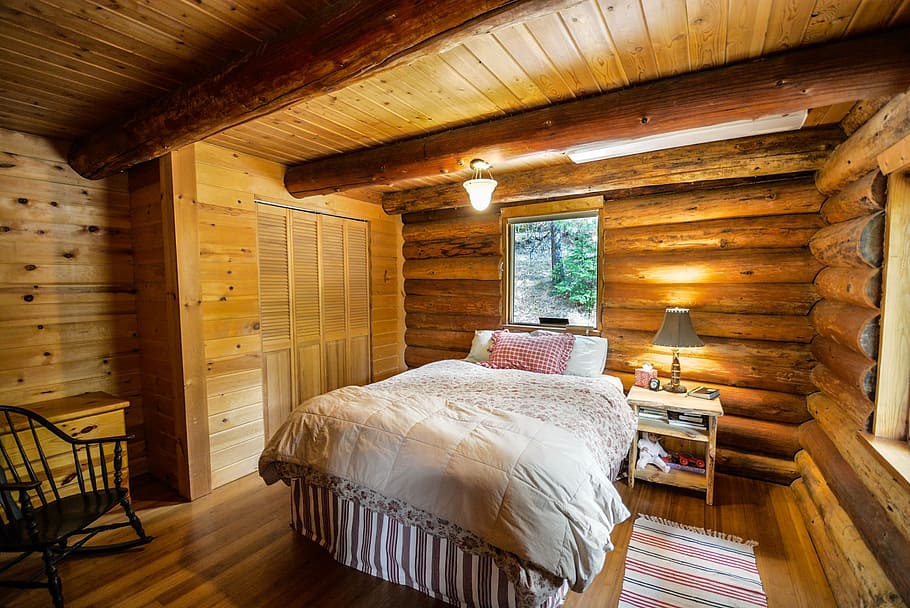 white, blanket, bed, log home, log, home, bedroom, rustic, country, pioneer
