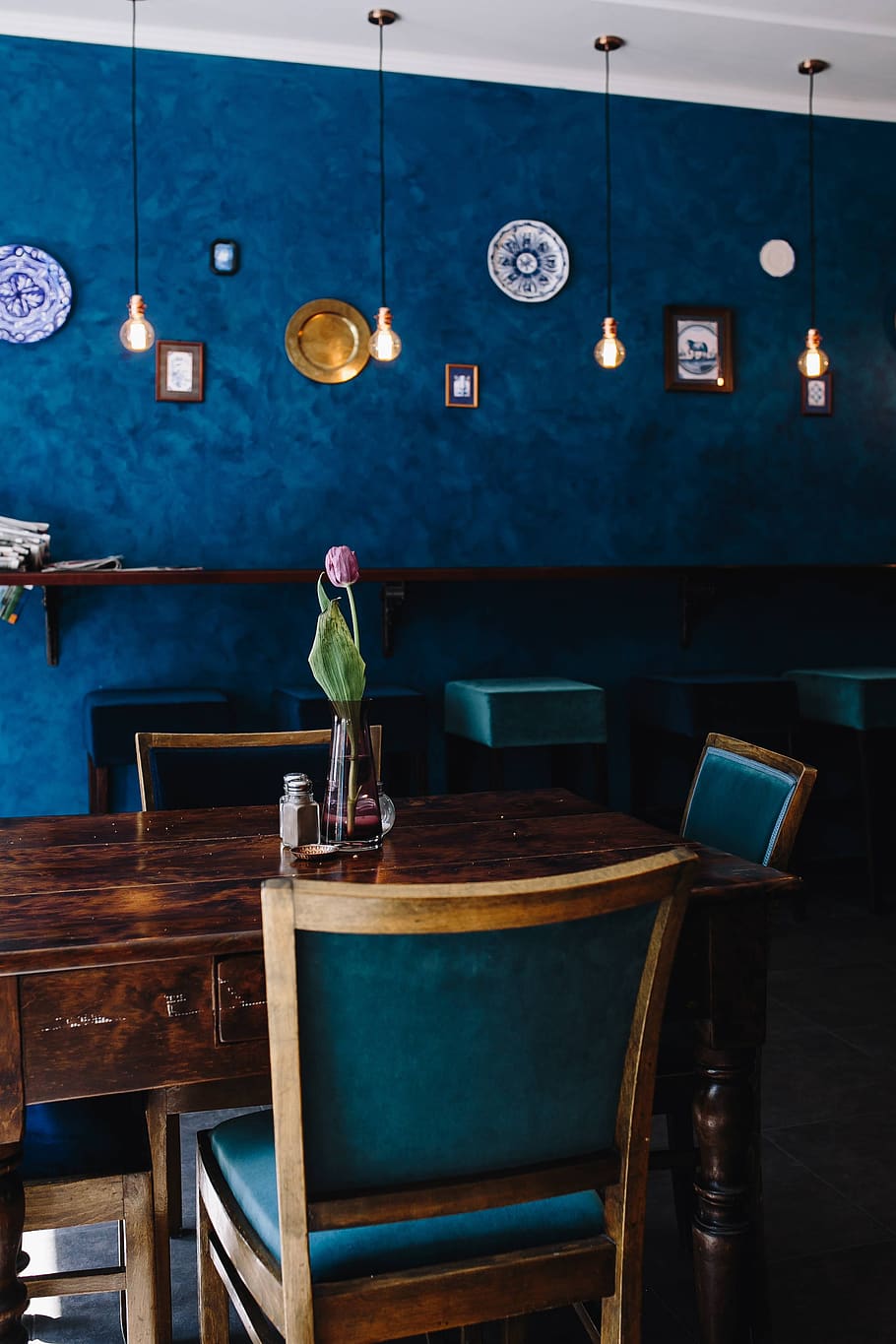 furniture, cafe, restaurant, blue, bar, indoor, dark blue, Interior, modern, table
