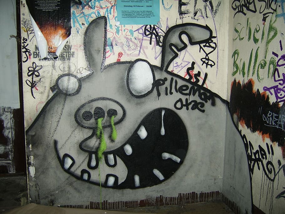 Streetart, Berlin, Monster, monster 2, grafiti, seni jalanan, struktur buatan, di dalam ruangan, tidak ada orang, siang