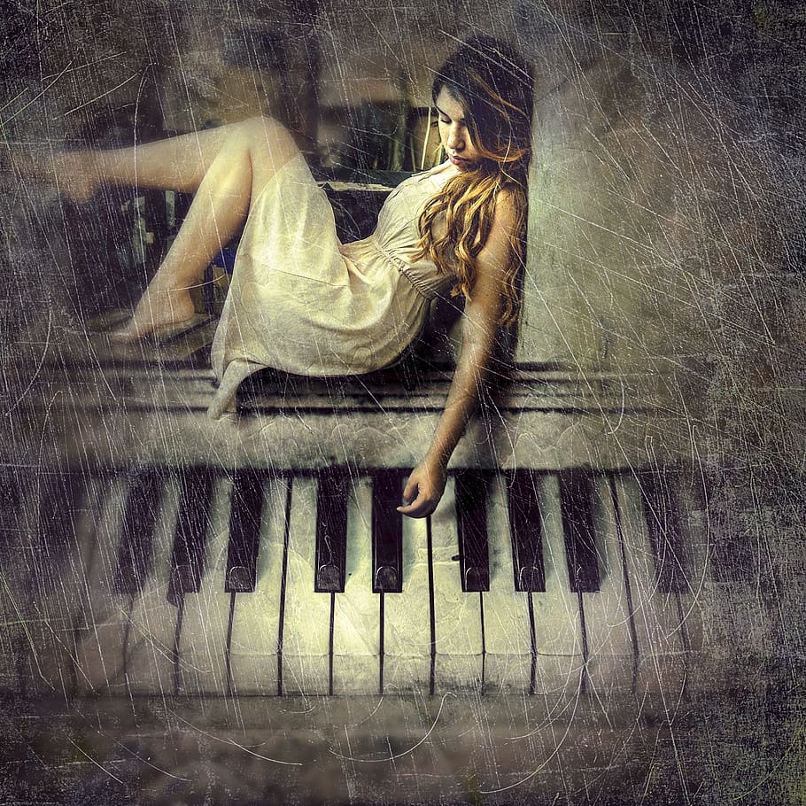 woman, wearing, white, dress seating, piano, cd cover, composing, photo manipulation, photo montage, fantasy