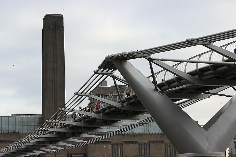 museum, bridge, london, metal structure, tate museum, architecture, built structure, sky, industry, building exterior