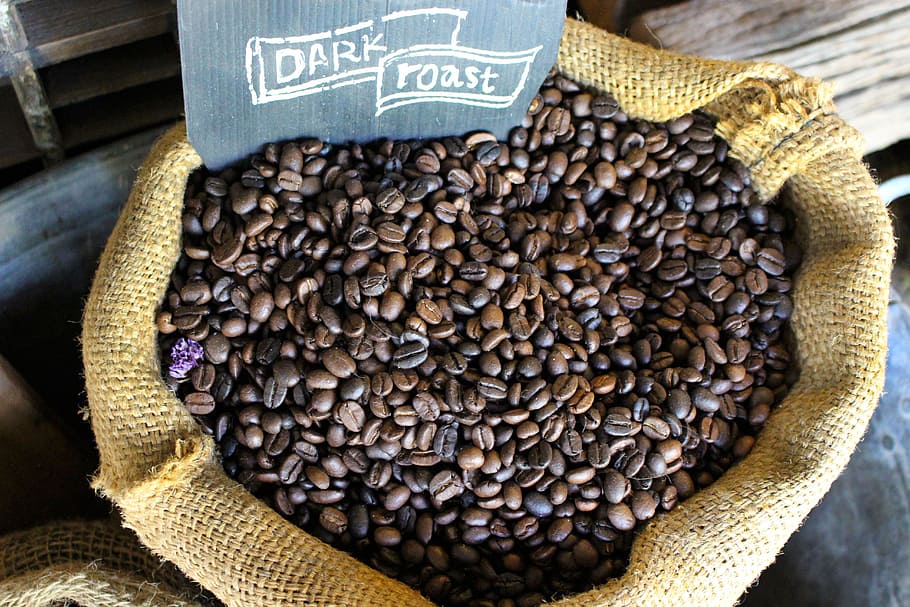 gelap, biji kopi panggang, Biji Kopi, Karung, Coklat, kopi, kafein, kafe, goni, kacang