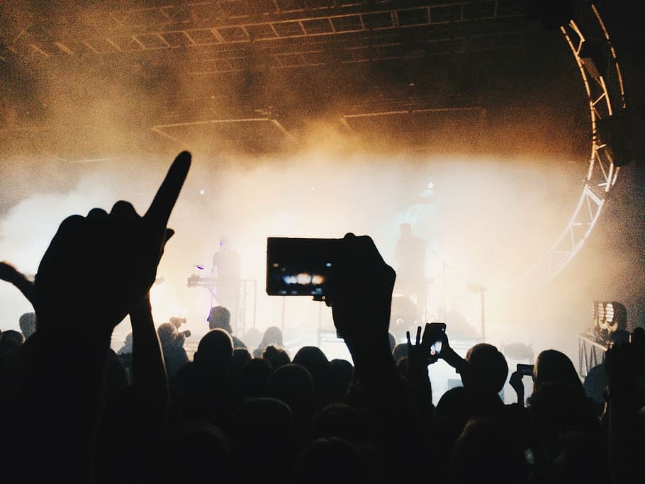 silhouette of smartphone, silhouette, people, fans, performer, camera, mobile, phone, concert, smoke