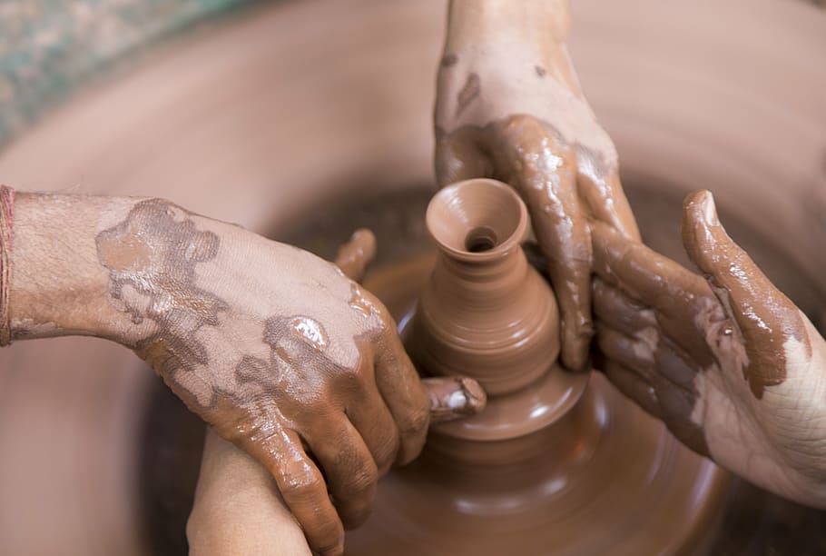 two, people, making, pottery, potter, clay, artist, working, wheel, craft