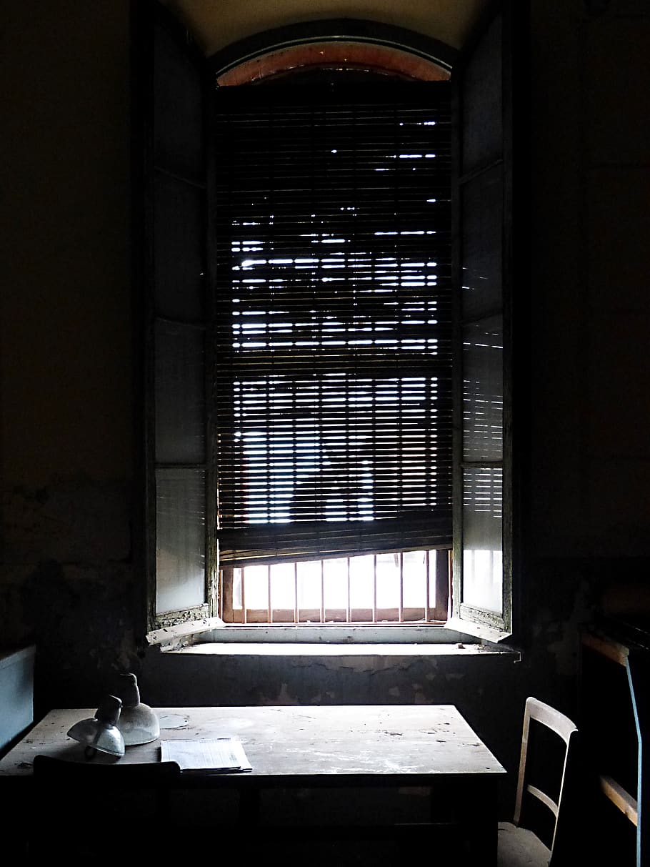 window, chiaroscuro, blind, bars, desktop, symbol, metaphor, sadness, indoors, table