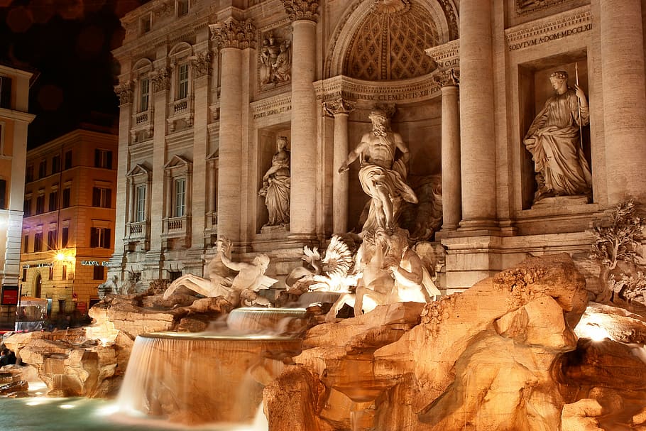 photography of fountains, fountain, fontana di trevi, italy, rome, tritone, monument, art, roman, architecture