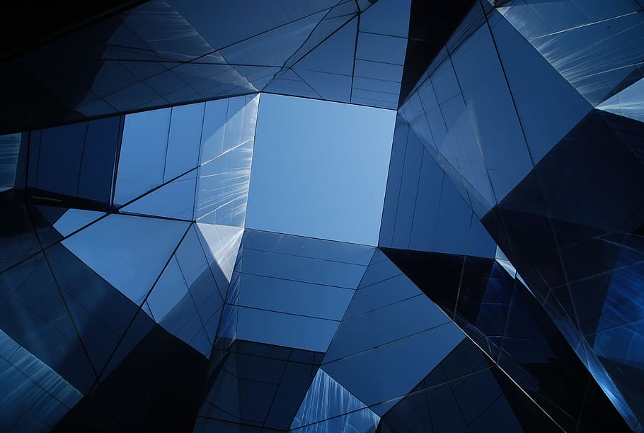 blue glass roof, architecture, construction, city, design, geometric, glass, online, mirror, modern