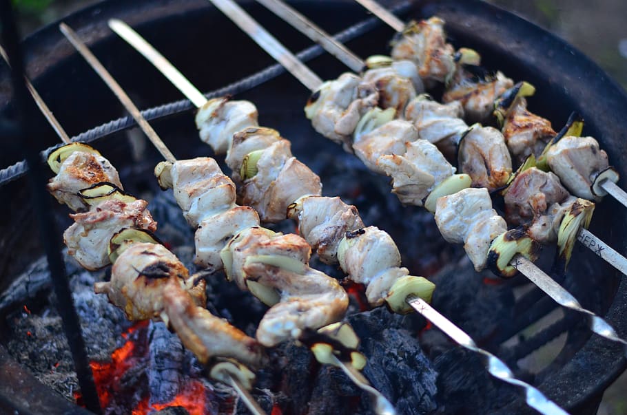shish kebab, meat, mangal, fried meat, skewers, frying, smoke, fried, food and drink, food