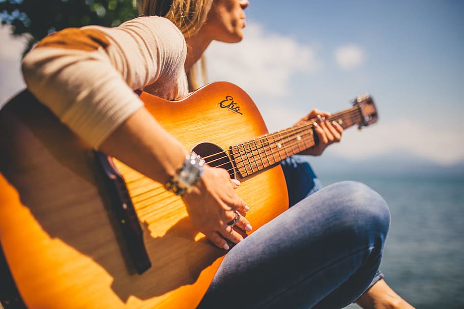 woman, wearing, sweatshirt, playing, acoustic, guitar, musician, music, girl, people