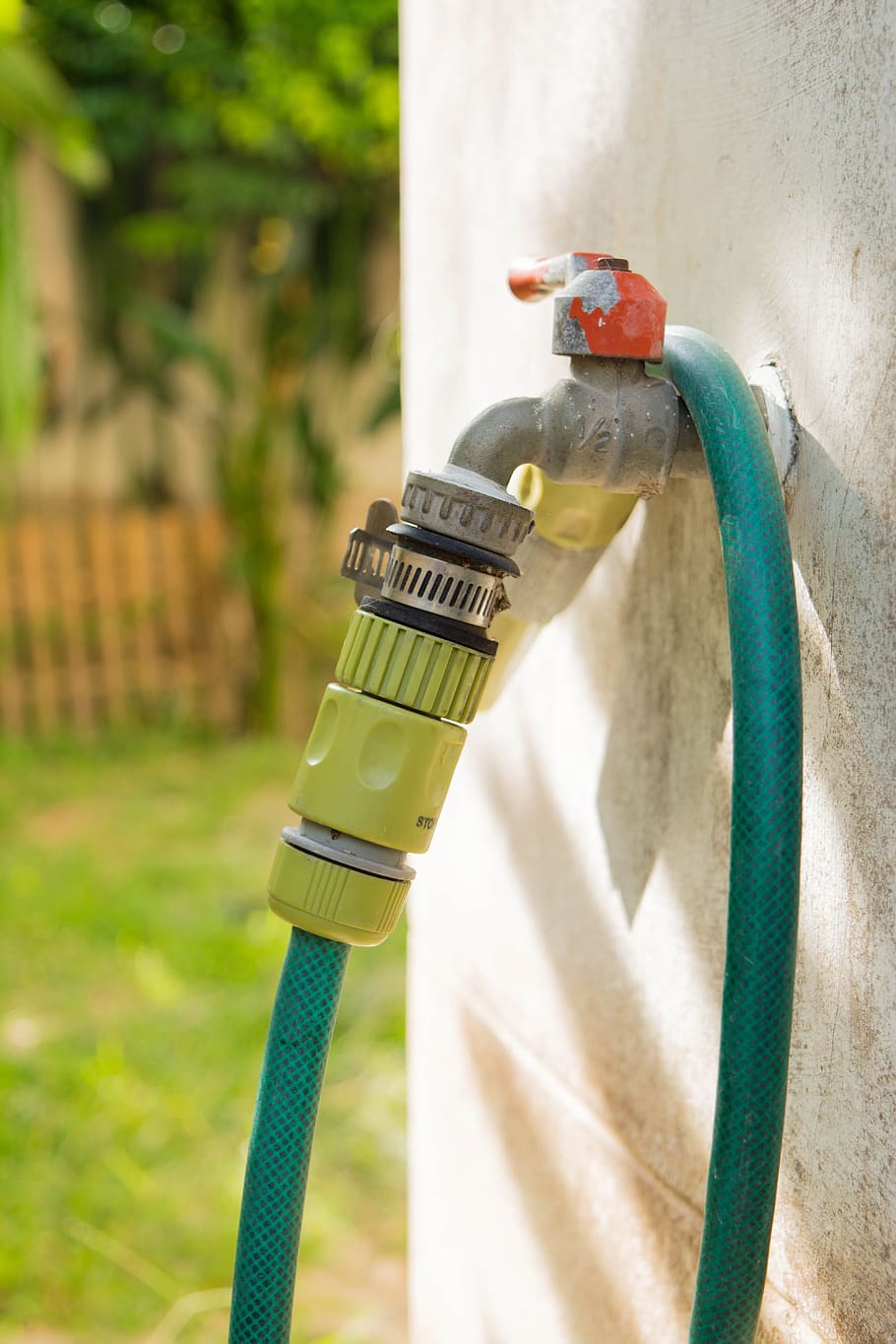 connect, faucet, garden, green, house, hydrant, joint, old faucet, outdoor, pipe