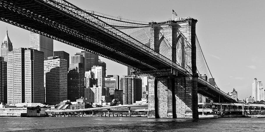 foto grayscale, jembatan gantung, new york, arsitektur, tengara, pemandangan, tepi laut, jembatan, brooklyn, manhattan
