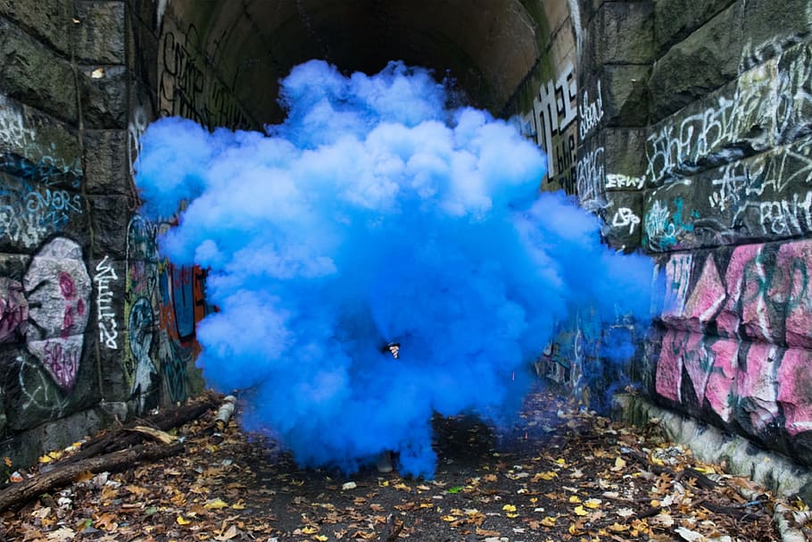 blue, smoke spread, walls, wall, tunnel, smoke, graffiti, leaf, fall, creativity